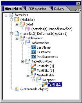 Paletten Hierarki visar den ursprungliga cell där det kapslade delformuläret skapades.